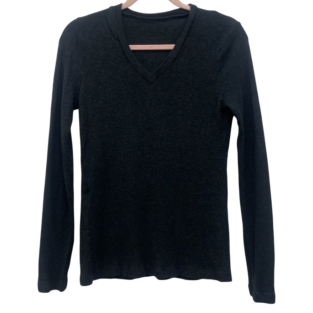 Womens Dark Gray V Neck Long Sleeve Top Small Basic Stretch Lightweight